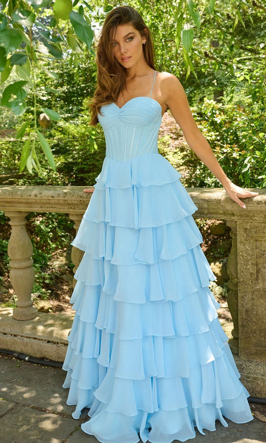 Vintage Light Blue Sweetheart Spaghetti Strap Corset Prom Dress Tiered Ruffle Chiffon Evening Gown DP8266