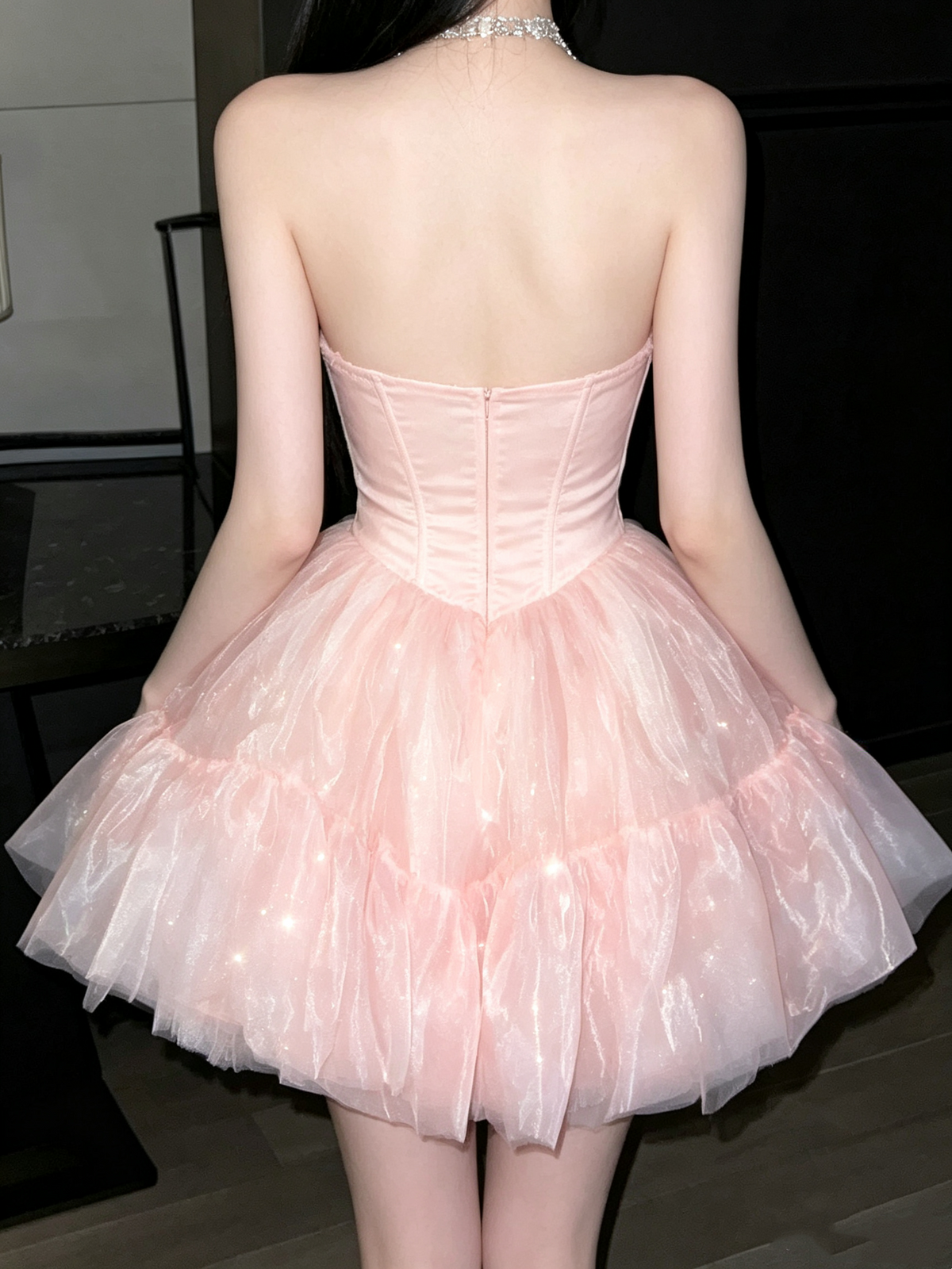 Elegant Pink Strapless Tulle Ruffle Tiered A-Line Homecoming Dress DP8832