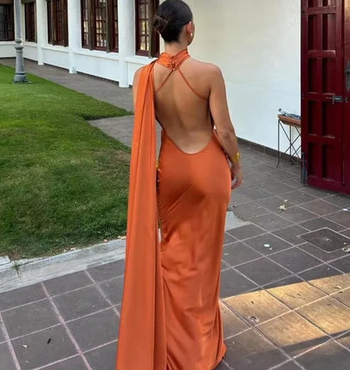 Yellow Halter Backless Mermaid Satin Long Formal Dress Evening Gown, DP3583