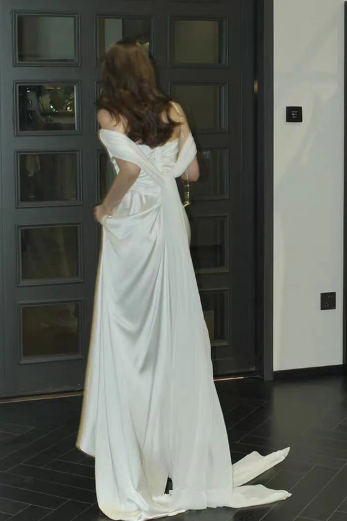 White Satin Pleats Straps Wedding Dress Elegant Party Dress, DP2827
