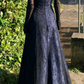 Vintage Navy Blue Floral Embroidered Prom Dress Spaghetti Strap A-Line Evening Gown DP3991