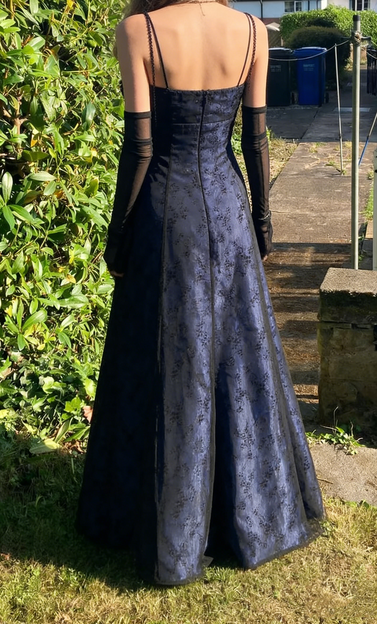 Vintage Navy Blue Floral Embroidered Prom Dress Spaghetti Strap A-Line –  DSProm