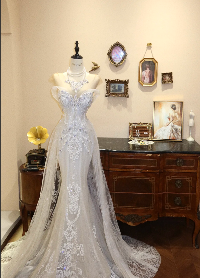 Robe de mariée sirène en tulle, élégante, sans bretelles, en dentelle blanche et perles DP7161
