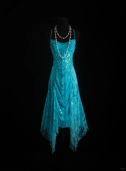 Vintage Turquoise Sequin Cocktail Dress Spaghetti Straps Sparkly Formal Evening Gown DP7373