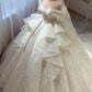Vintage Off-the-Shoulder Sparkly Glitter Ruffle Tiered Long Train A-Line Wedding Dress DP8611