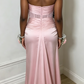Elegant Pink Strapless Ruched Satin Corset High Slit Sheath Evening Dress DP8660