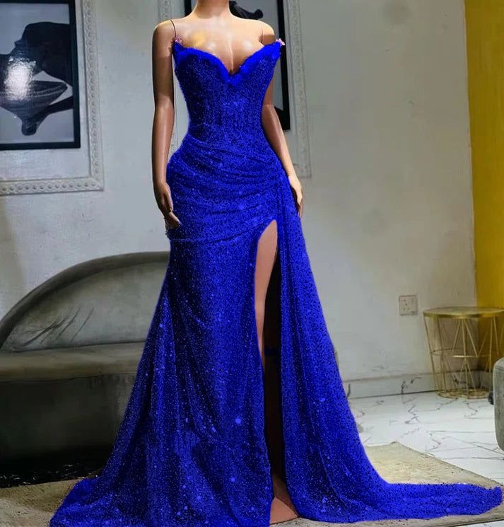 Glamorous Lavender Beaded Evening Dress with Trailing Train & Ruched Bodice DP8028