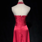 Glamorous Rust Red One-Shoulder Sheath Satin Ruched Formal Dress with Elegant Train Prom Dress DP7287