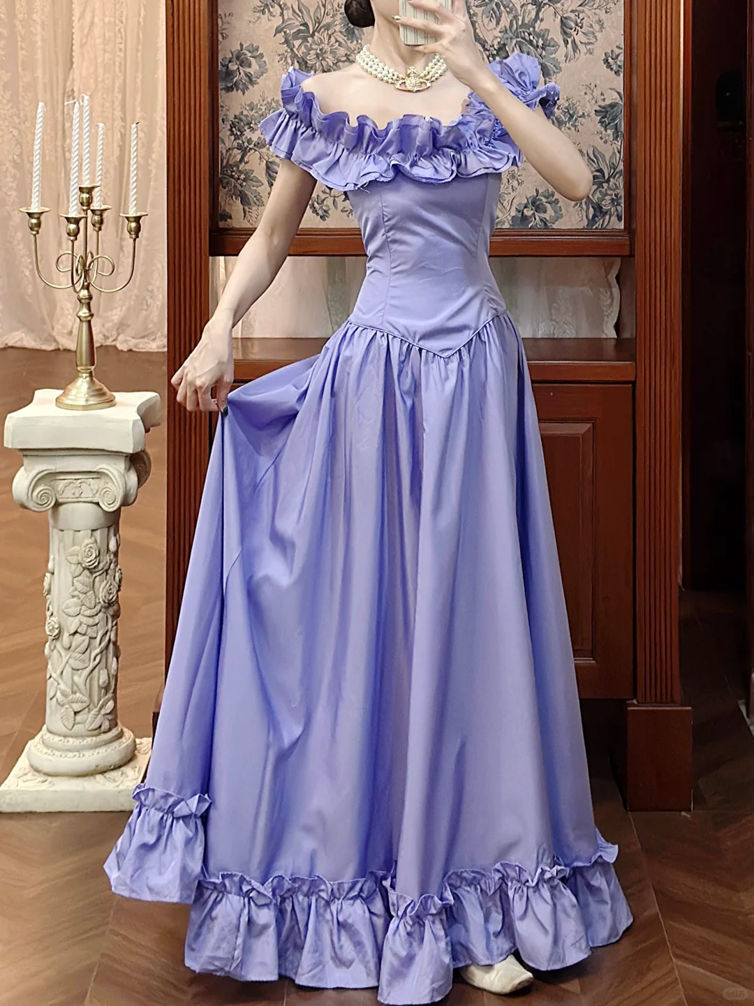 Vintage Lavendel Rüschen-Ballkleid mit Carmen-Ausschnitt für Sweet 16 Quinceañera DP7943