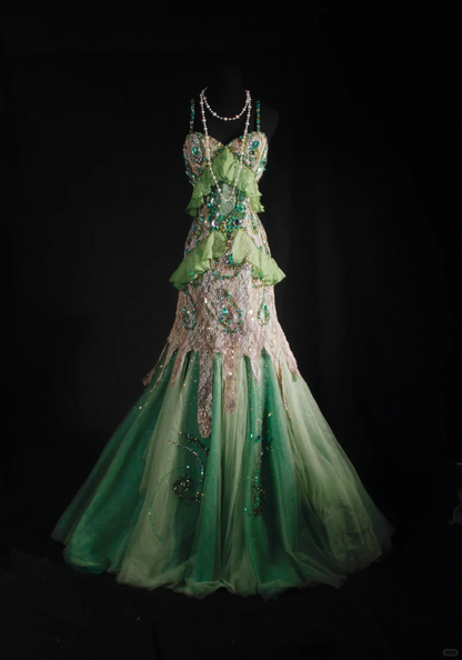 Glamorous Green Ombre Mermaid Sequin Beaded Ruffle Lace Spaghetti Strap Evening Gown DP7376