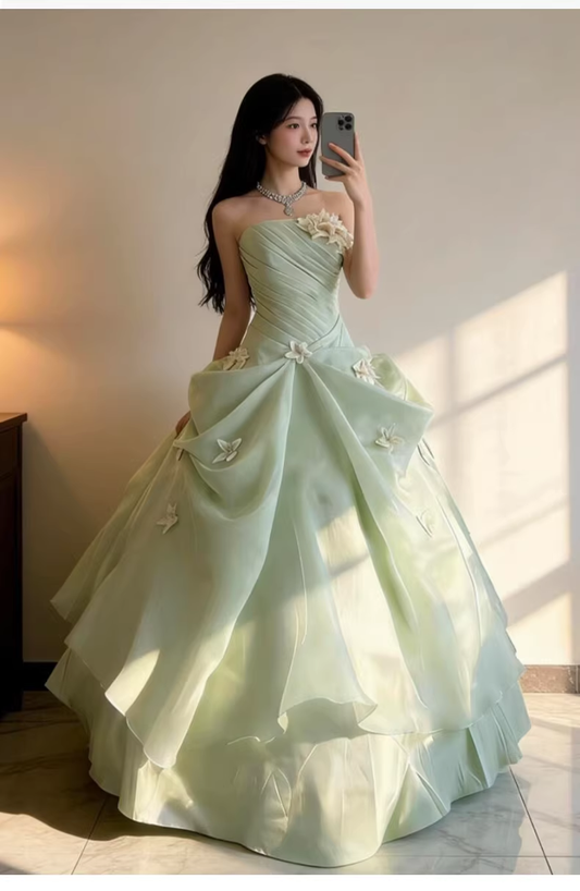 Elegant Mint Green Strapless 3D Floral Ruched Bodice Layered Tulle Quinceanera  Ball Gown DP8237