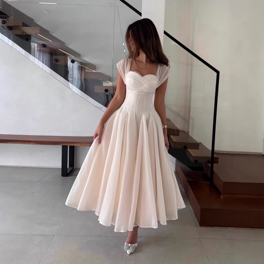 Glamorous Pink Chiffon Midi Dress Square Neck Cap Sleeve A-Line Formal Evening Gown DP8242