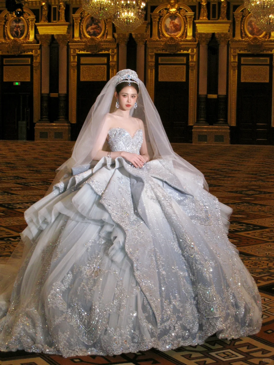 Wunderschönes, glänzendes, perlenbesetztes, paillettenbesetztes A-Linien-Brautkleid im Sweetheart-Design, Ballkleid, Ballkleid, Abendkleid, DP6255