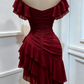 Vintage Burgundy Off-the-Shoulder Ruffle Chiffon Ruched Asymmetrical Tiered Homecoming Dress DP8674