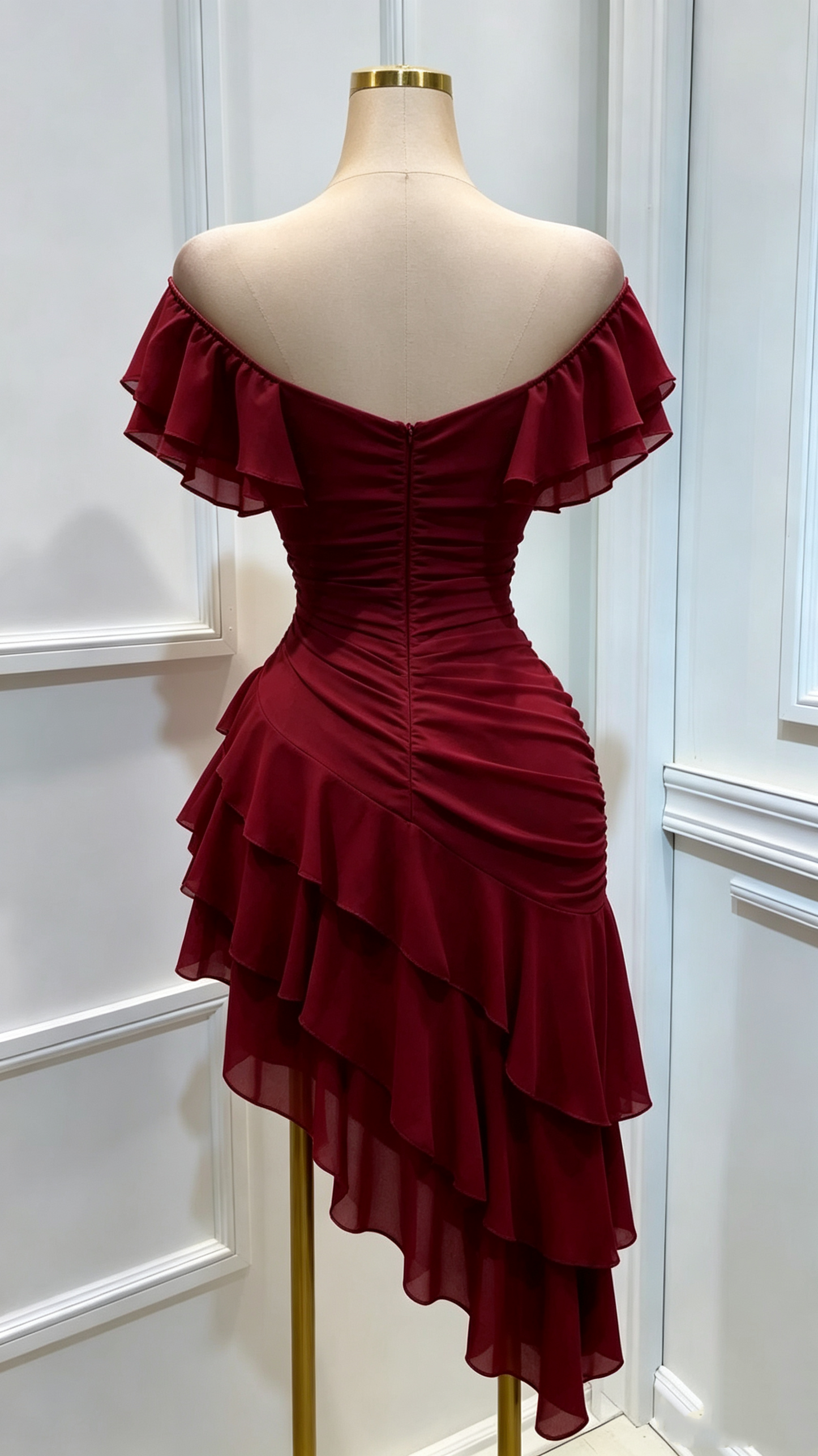 Vintage Burgundy Off-the-Shoulder Ruffle Chiffon Ruched Asymmetrical Tiered Homecoming Dress DP8674