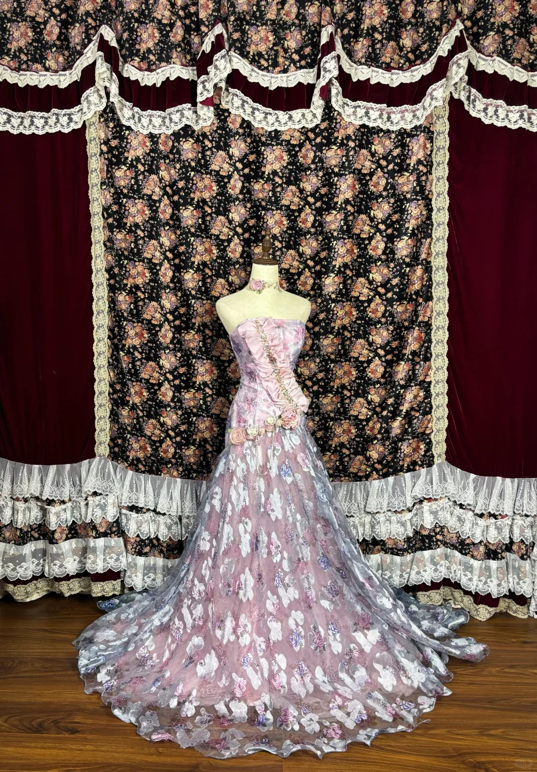 Vintage Pink Floral Strapless Ruffled Tulle 3D Rose Formal Evening Gown DP7349