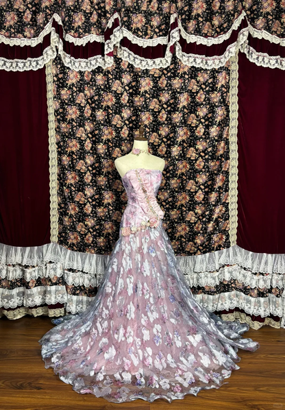 Vintage Pink Floral Strapless Ruffled Tulle 3D Rose Formal Evening Gown DP7349