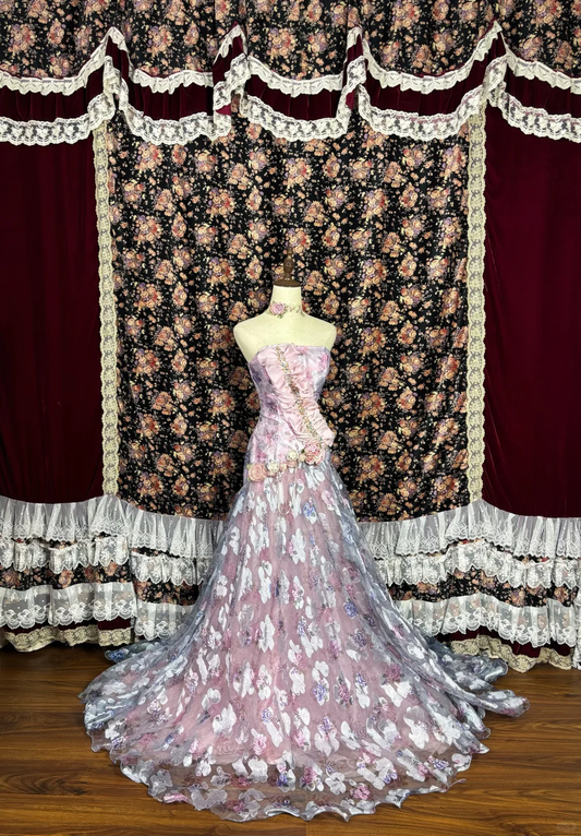 Vintage Pink Floral Strapless Ruffled Tulle 3D Rose Formal Evening Gown DP7349