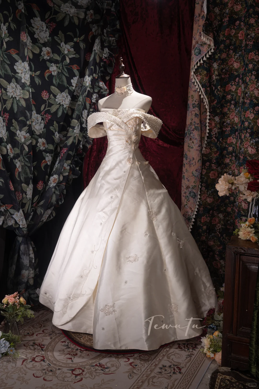 Glamorous Ivory Off-the-Shoulder Satin Floral Appliques Wedding Dress DP8346
