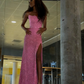 Glittering Sky Blue Spaghetti Strap Halter-Neck High Slit Prom Dress DS5011
