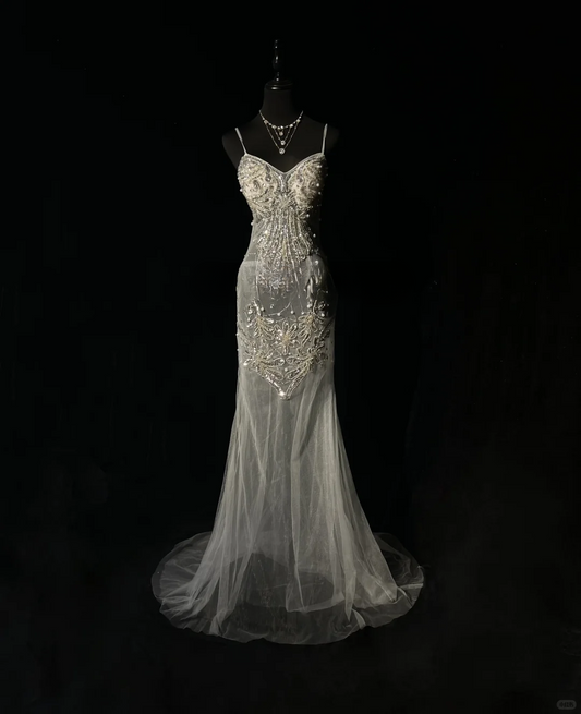 Vintage Silver Beaded Spaghetti Strap Prom Dress Romantic Mermaid Tulle Train Evening Gown DP7117