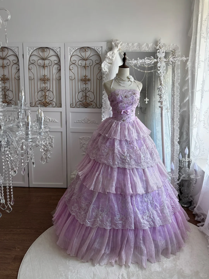 Elegant Lavender Strapless Tiered Floral Lace Embroidery Ball Gown DP8291