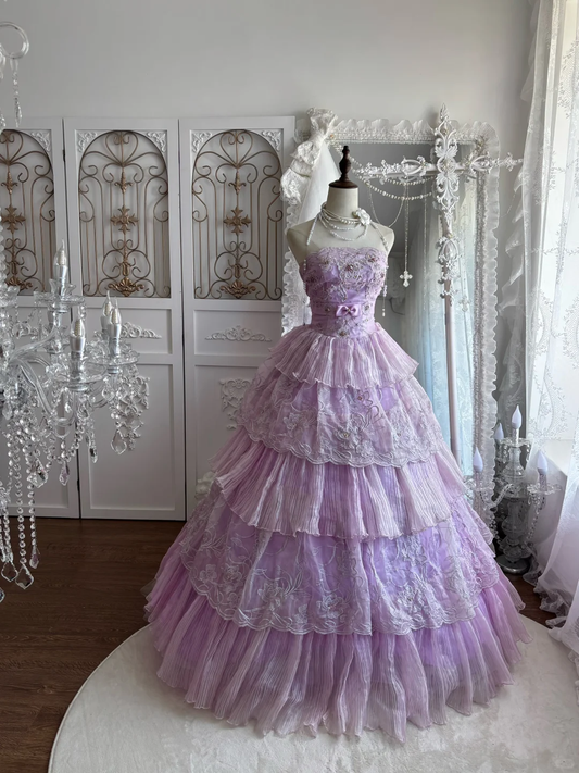 Elegant Lavender Strapless Tiered Floral Lace Embroidery Ball Gown DP8291