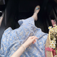 Vintage Light Blue Floral Prom Dress A-Line Short-sleeve Evening Dress Long Summer Dress DP6709
