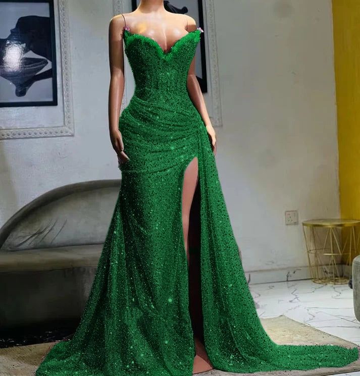 Glamorous Lavender Beaded Evening Dress with Trailing Train & Ruched Bodice DP8028