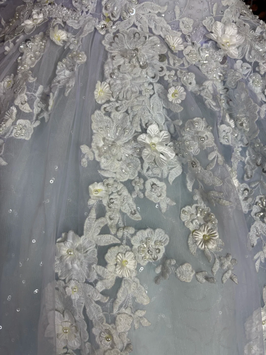 Glamorous Pastel Blue Applique Tulle Lace Beaded Off-the-Shoulder Sheer Cape Sweet 16 Quinceanera Ball Gown DP7348