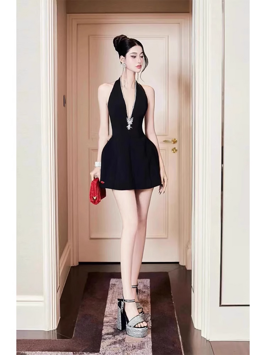 Neues, modisches schwarzes Neckholder-Kleid mit V-Ausschnitt und A-Linie, Partykleid, Heimkehrkleid, DP5854