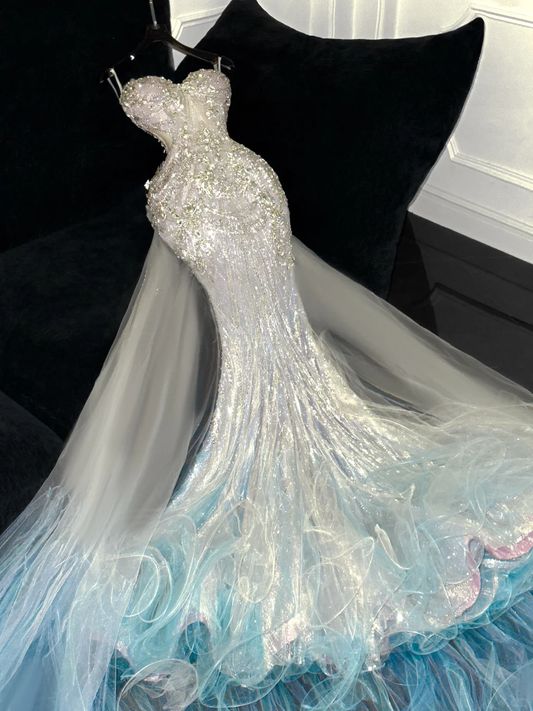 Vintage Sky Blue Ombre Sequin Mermaid Sweetheart Tulle Ruffled Train Evening Gown DP7351