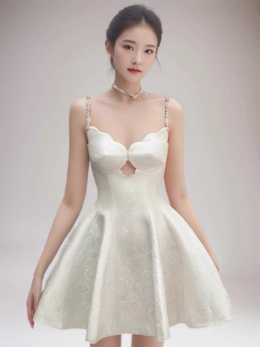 Fashion Beige Pearl Design A-line Spaghetti Strap Party Dress Homecoming Dress, DP5832