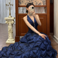 Traumhaftes marineblaues, gerafftes, perlenbesetztes Neckholder-Ballkleid für Sweet 16 Quinceañera DP7952