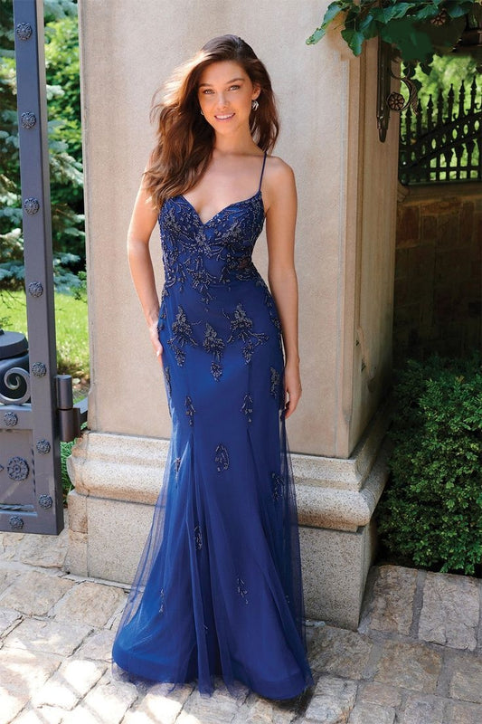 Vintage Royal Blue Spaghetti Strap Beaded Mermaid Evening Dress DP8084