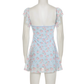Cute Light Blue Floral Square-neck A-Line Short Summer Dresses Party Dress Homecoming Dress DP6343