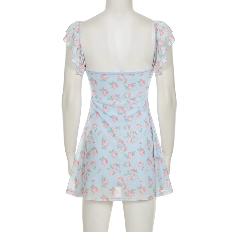 Cute Light Blue Floral Square-neck A-Line Short Summer Dresses Party Dress Homecoming Dress DP6343
