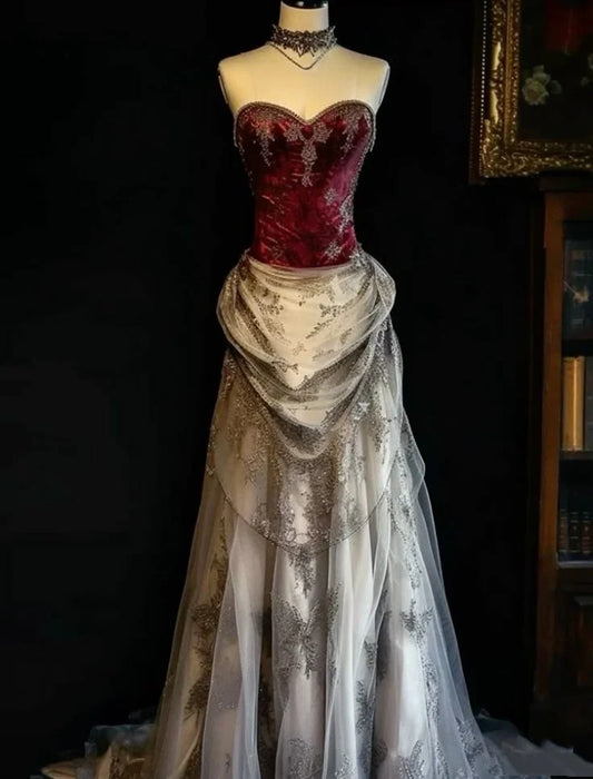 Vintage Applique Sweetheart Design Elegant A-Line Satin Tulle Evening Dress Prom Dress DP6137