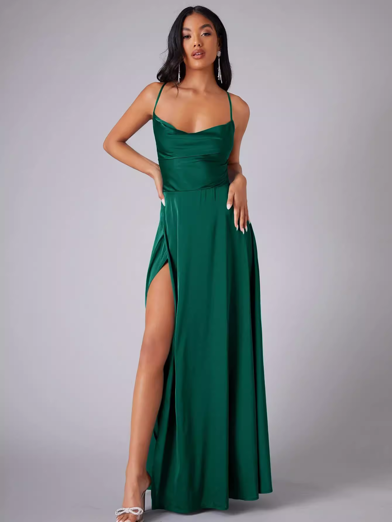 Dreamy Sage Satin Cowl Neck Spaghetti Strap Evening Dress Prom Dress with High Slit DP8139