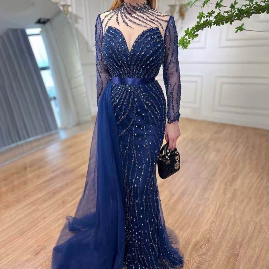 Stylish High Neck Navy Mermaid Evening Dress with Detachable Tulle Train Crystals Beads Long Prom Dress,F04833
