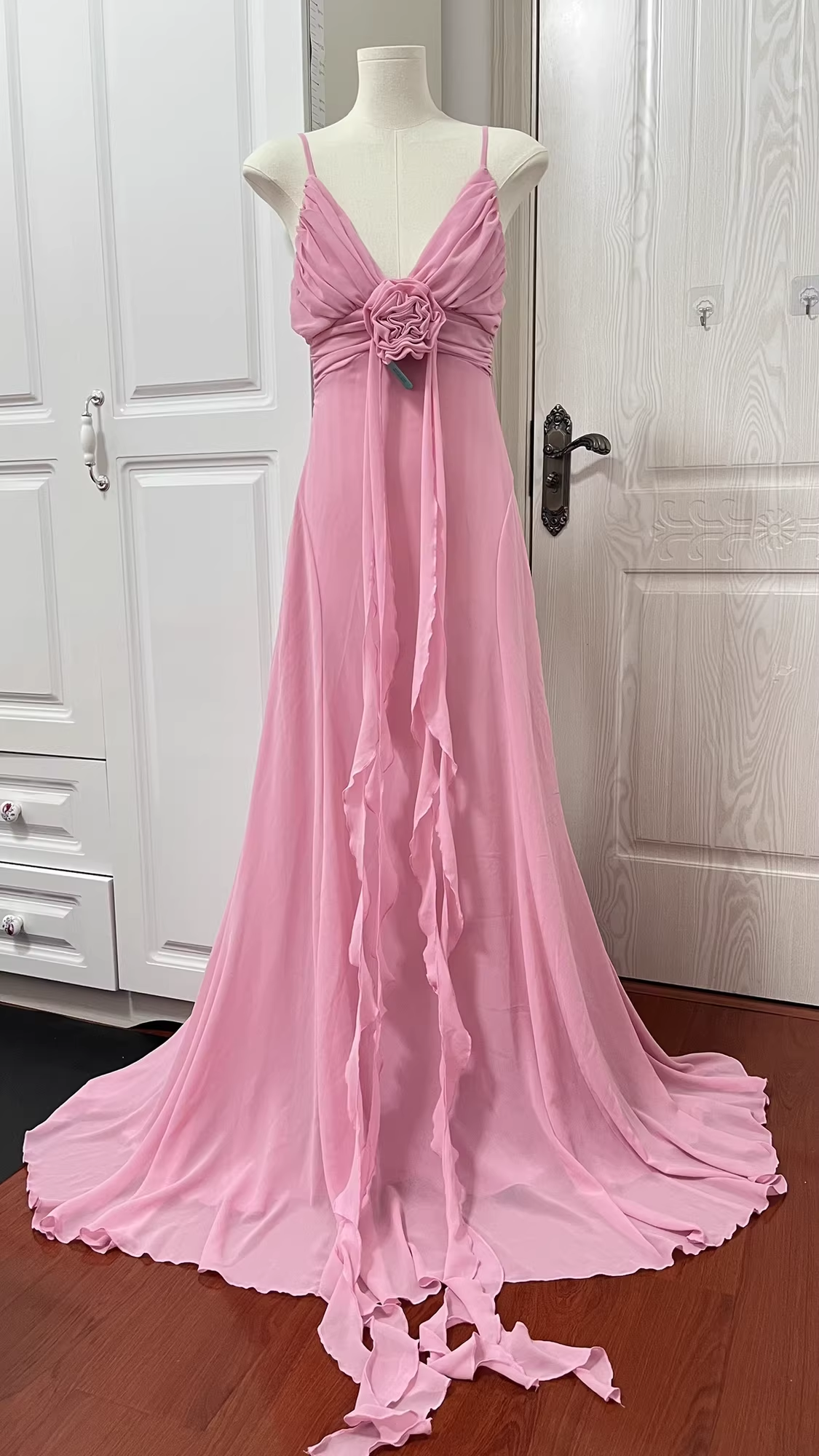 Ethereal Pink Spaghetti Strap Ruffled 3D Floral Prom Dress DP7953