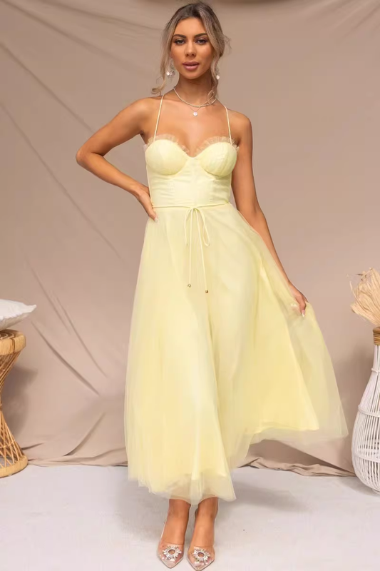 Vintage Tulle Sweetheart Spaghetti Straps Midi Evening Gown DP8143