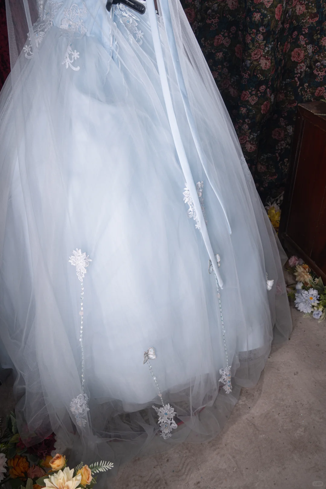 Romantic Light Blue Tulle Off-Shoulder Lace Butterfly Sweet 16 Quinceanera Ball Gown DP7405