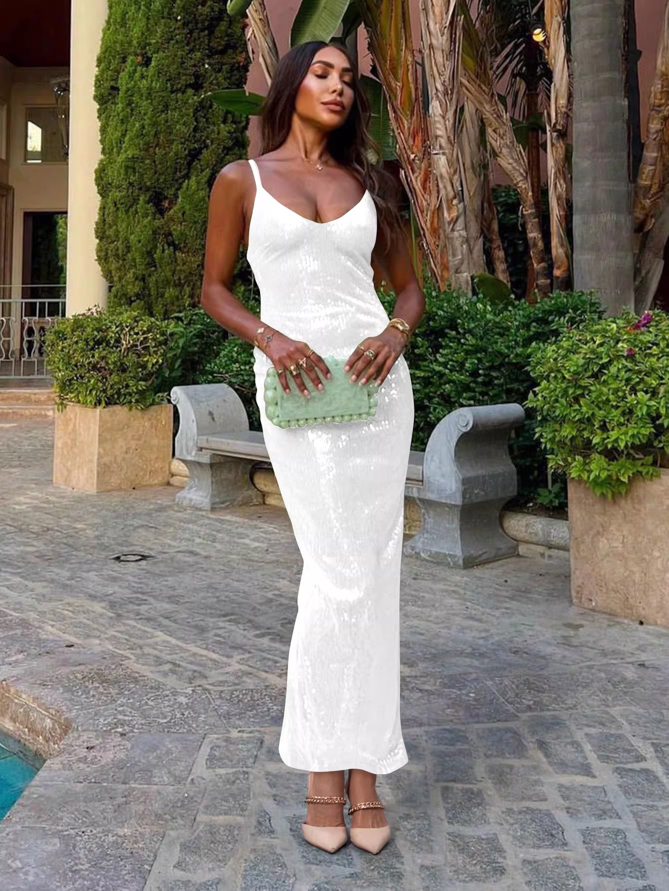 Vintage Sequin Spaghetti Strap Bodycon Evening Dress DP8077