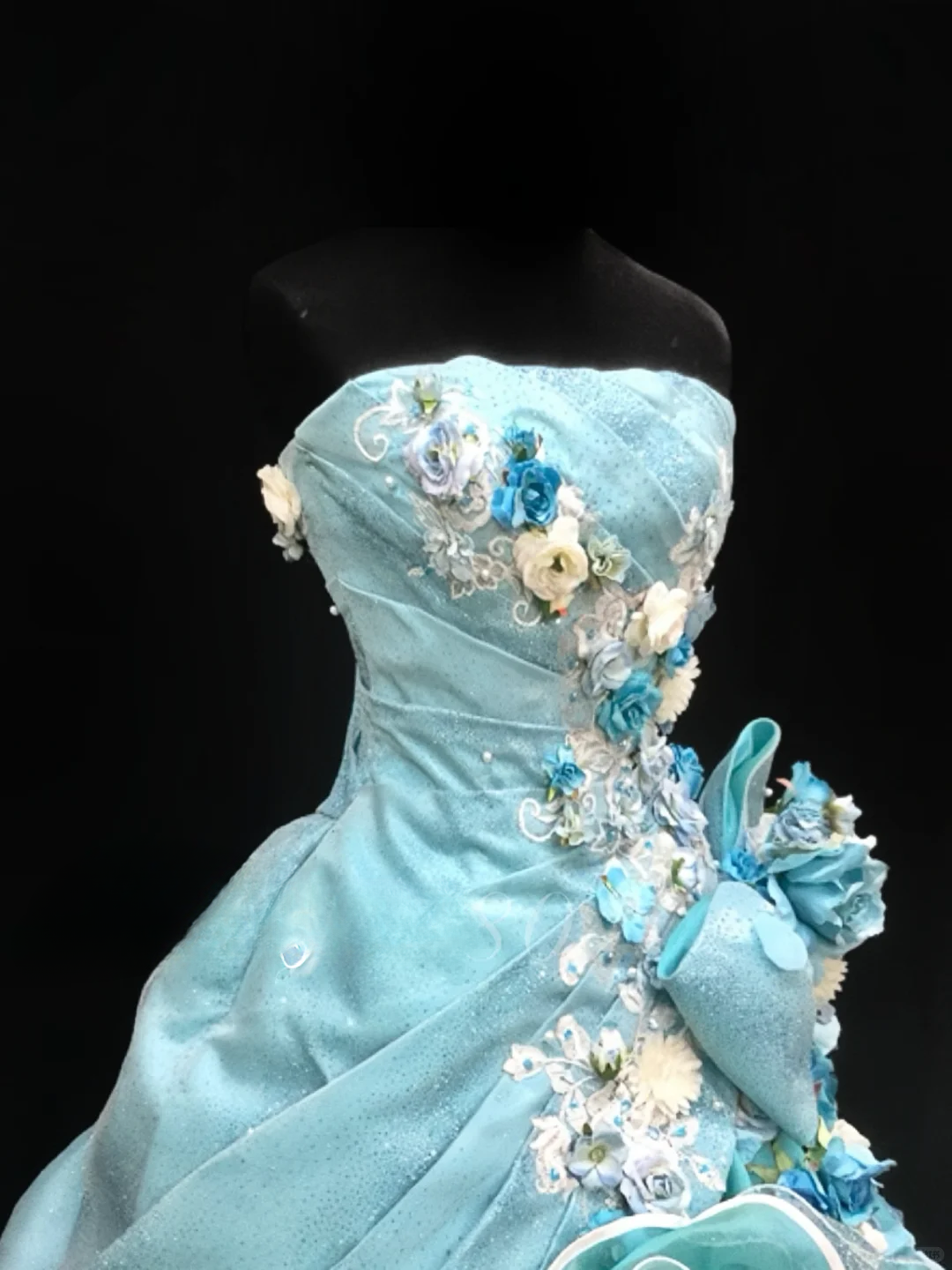 Robe de bal glamour turquoise sans bretelles, ornée d'appliqués floraux 3D et de volants en tulle, idéale pour les 16 ans (Quinceañera) DP7271