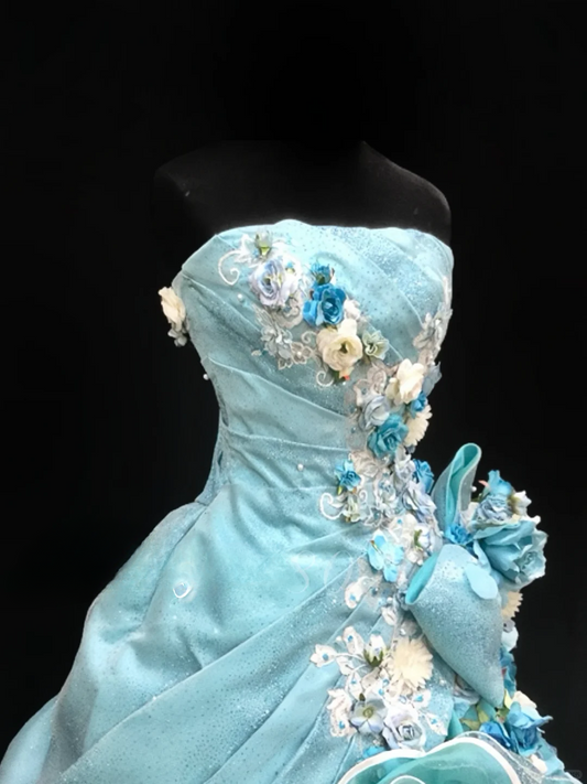 Robe de bal glamour turquoise sans bretelles, ornée d'appliqués floraux 3D et de volants en tulle, idéale pour les 16 ans (Quinceañera) DP7271