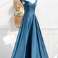 Elegant Teal Off-the-Shoulder Satin A-Line Evening Gown DP8475