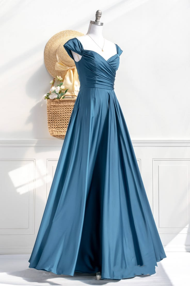 Elegant Teal Off-the-Shoulder Satin A-Line Evening Gown DP8475