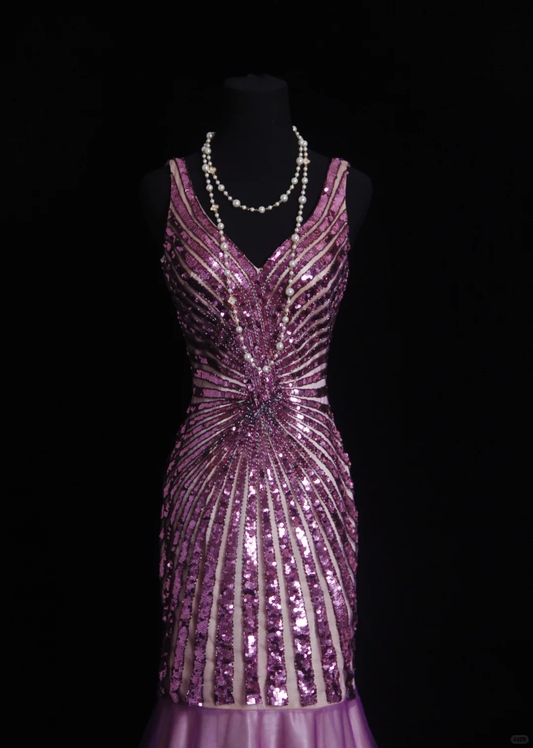 Glamorous Lavender Mermaid Sequin Beaded Sparkly V-Neck Sleeveless Formal Evening Gown DP7372