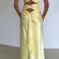 Vintage Gelb V-Ausschnitt Meerjungfrau Satin Spaghettiträger Partykleid Abendkleid Brautjungfernkleid DP6304